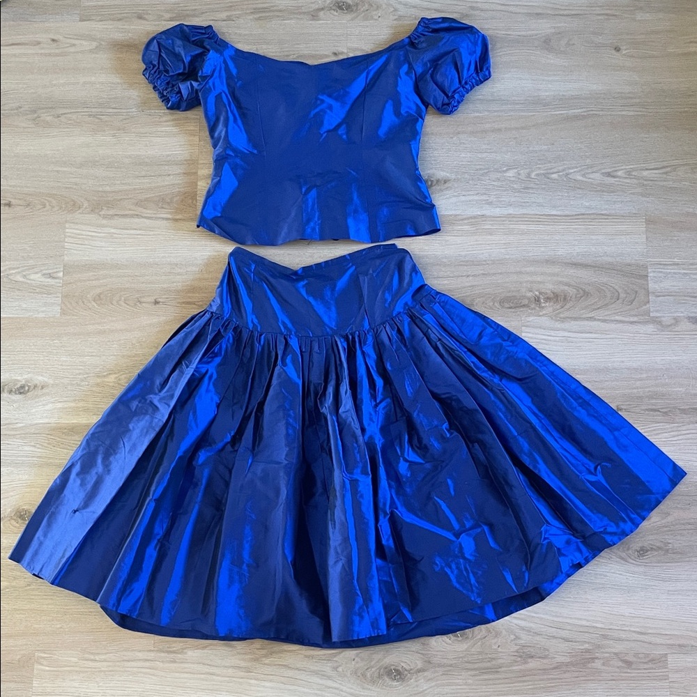 Blue Two-Piece Puff Sleeve Top and Skirt Set